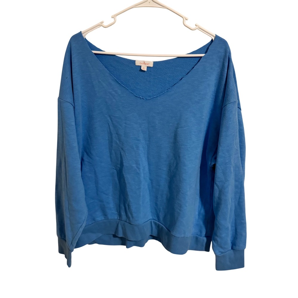 Colsie Blue V-Neck Sweatshirt Womens Size Medium Oversized French Terry Pullover